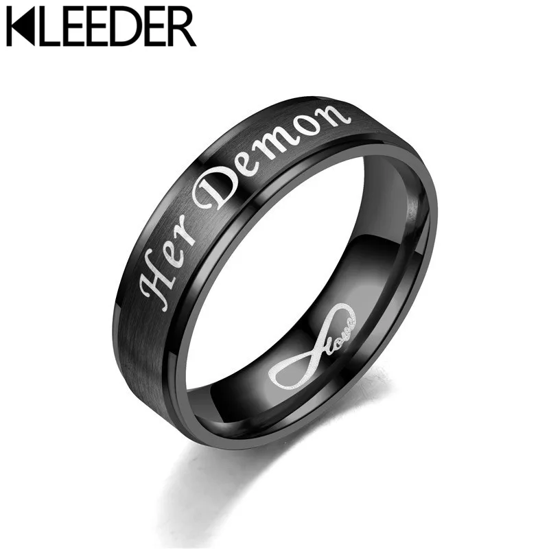 KLEEDER Stainless Titanium Steel Couple Rings Black Her Demon His Angel Lovers' Fashion Jewelry Anniversary Valentine's Day Gift