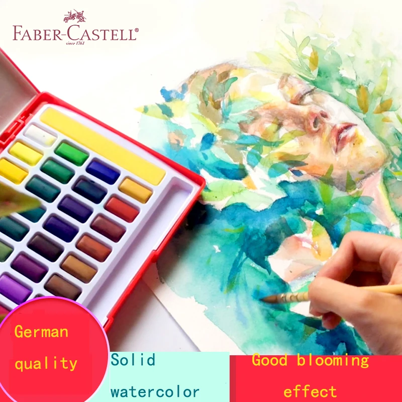 Faber-Castell 24/36/48Color Solid Watercolor Paint Box With Paintbrush Bright Color Portable Watercolor Pigment Art Supplies