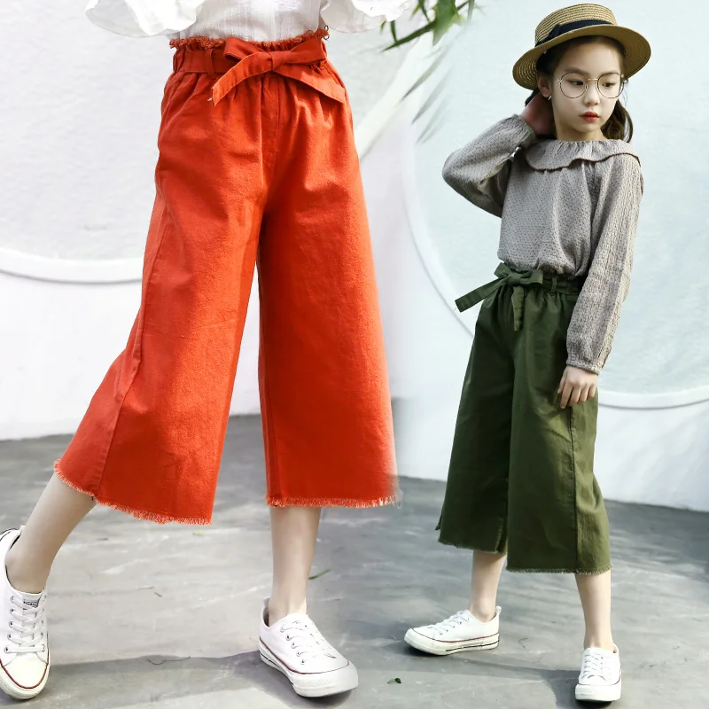 

Elastic Waist Girls Pants Summer Solid Cotton Leisure Wide Leg Pants for Kids Clothes Loose Trousers Vestidos Fashion Outwear
