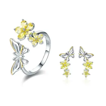 

BISAER 2019 New 925 Sterling Silver Stud Earrings&Adjustable Finger Rings Cute CZ Golden Butterfly Jewelry Set For Women HPS108
