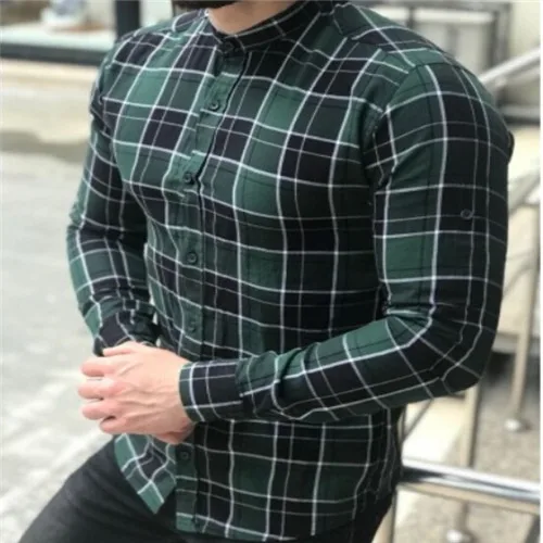 Men's Shirts Checked Plaid Long Sleeve Slim Shirt V-Neck Formal Spring NEW Fashion Casual Men Tops Shirt - Цвет: Зеленый