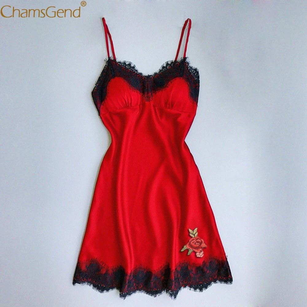 Chamsgend Сексуальное Женское кружевное Ночное платье с аппликацией в виде роз, атласная пижама, пижама для женщин, ночная сорочка, мини-платья 90103