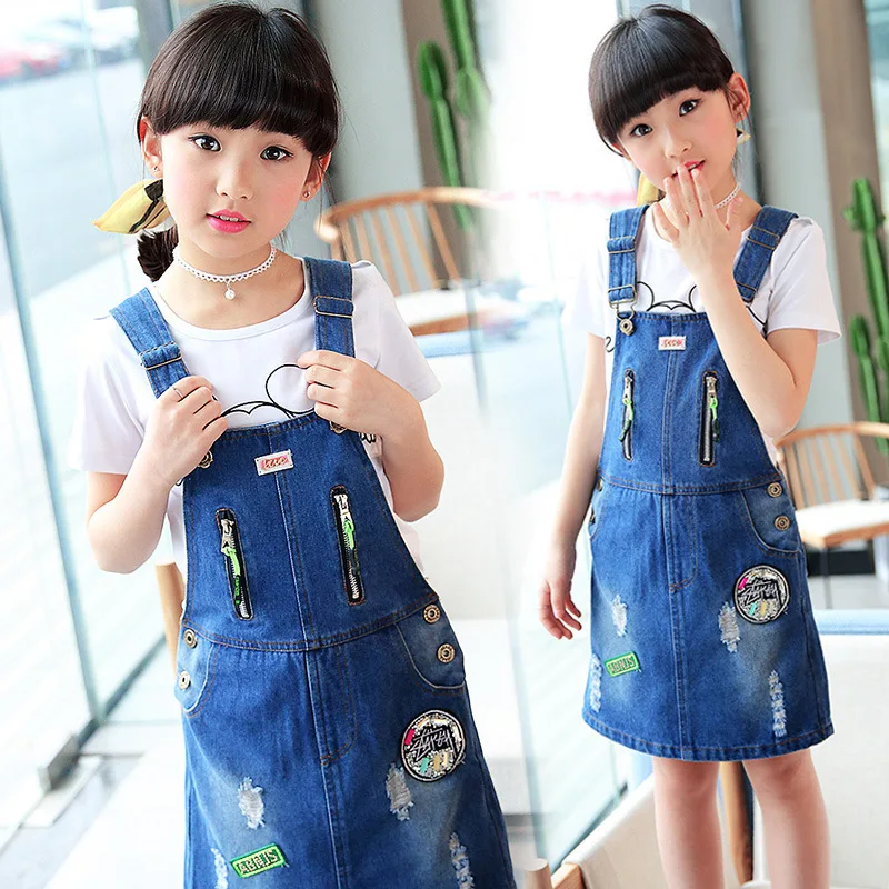 

Kids girls summer dress baby girls clothing 2017 new double zipper jeans big virgin strap dress 3/4/5/6/7/8/9/10/11/12/13/14