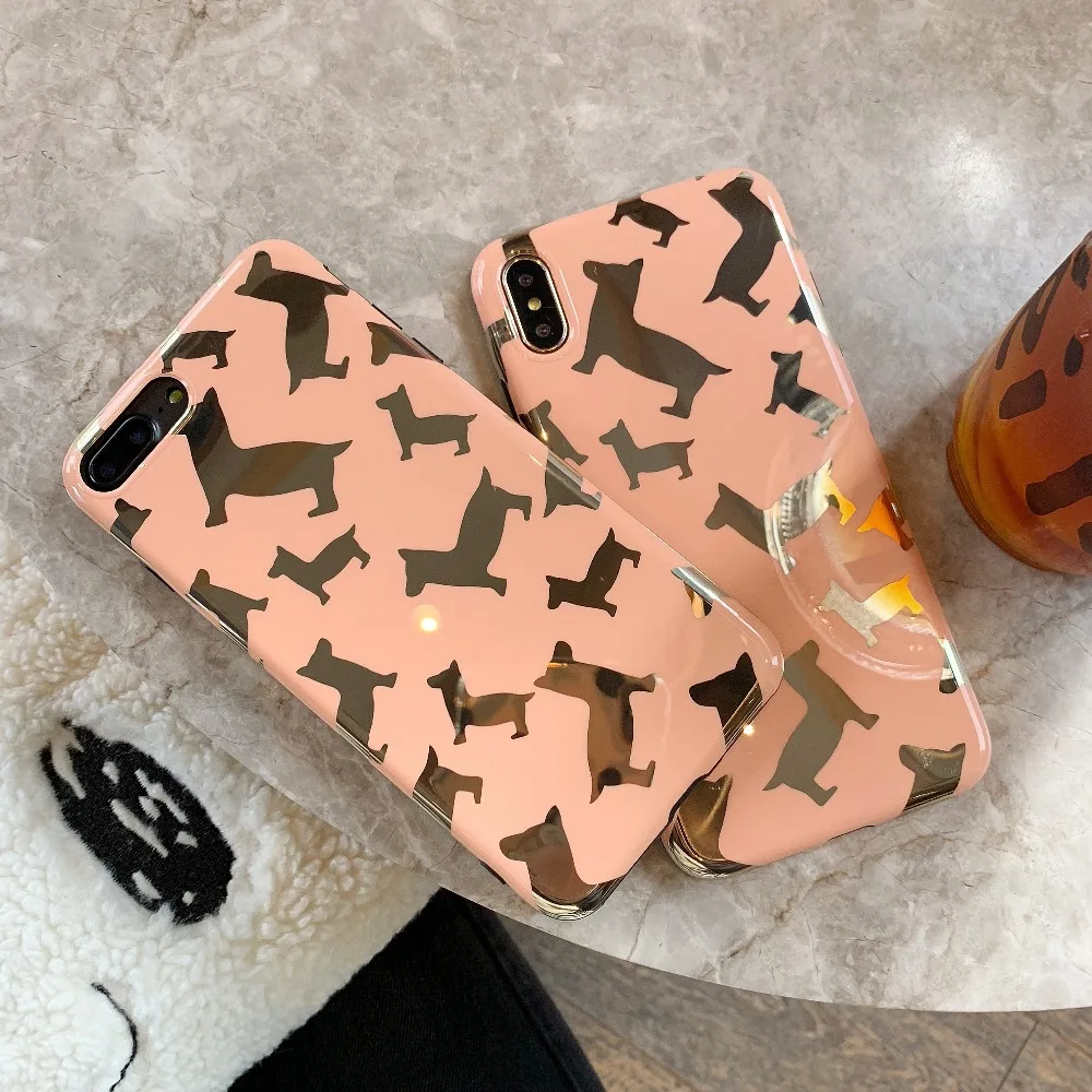 

Fashion Gold Stamping Cartoon Lovely Dogs Soft IMD Phone Back Cover Cases For iPhone 6 6S 7 8 Plus X XS Max XR Pets Dogs Case