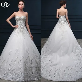 

Custom Made A-line Lace Crystal Beaded Diamond Wedding Dresses Long Formal Vintage Luxury 2019 Bridal Gowns DW78