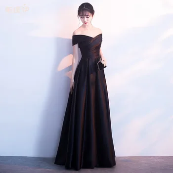 

Black Simple Satin Evening Dress New Fashion Prom Dresses Embroidery Lace A-Line Party Dress Floor Length robe de soiree