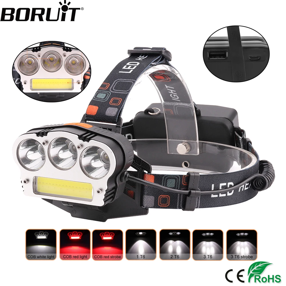 

BORUiT XML T6 COB LED Headlamp 7-Mode Zoomable Headlight USB Charger Power Bank Head Torch Outdoor Flashlight by 18650 Battery