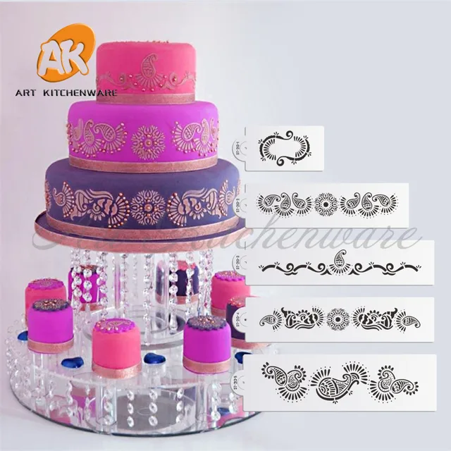 Mehndi 5pcs Cake Stencils Set, Decorating Tools Molds for Wedding Side Cake, Cookie Pastry