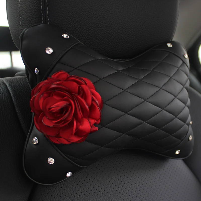 Rose Car Headrest Pillow Leather with Crystal Auto Neck Support Pillows Car Front Seats Rest