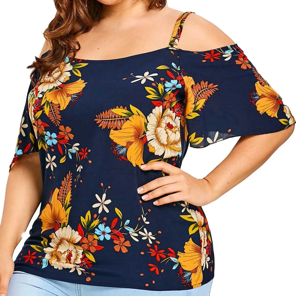 Женская блузка размера плюс с открытыми плечами и цветочным принтом летняя
