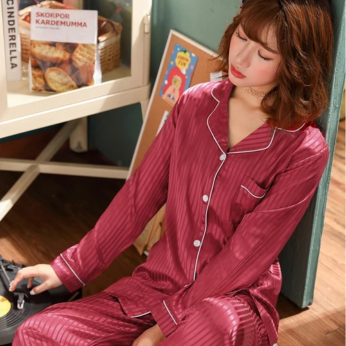 Женская ночная рубашка, наборы WAVMIT, женский Шелковый пижамный комплект, для девочек, однотонные полосы, пижамный комплект, пижама с длинным рукавом, Женский Топ, длинные штаны - Цвет: X M 9870 hong