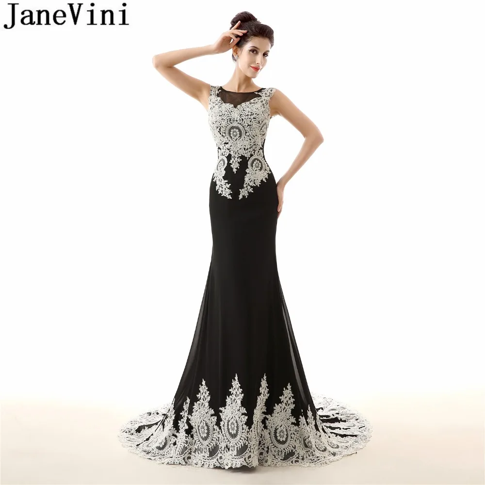 

JaneVini Sexy Sheer Lace Mermaid Long Evening Dresses Appliques Black Party Gown Godmother Mother Of The Bride Dresses Plus Size