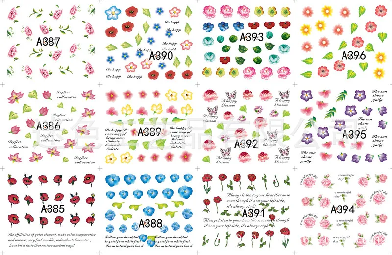 12 вариантов дизайна 3D супер тонкие наклейки для ногтей цветы советы клей для накладных ногтей наклейки Маникюрный Инструмент темное украшение Наклейки Для Ногтей - Цвет: A385-396