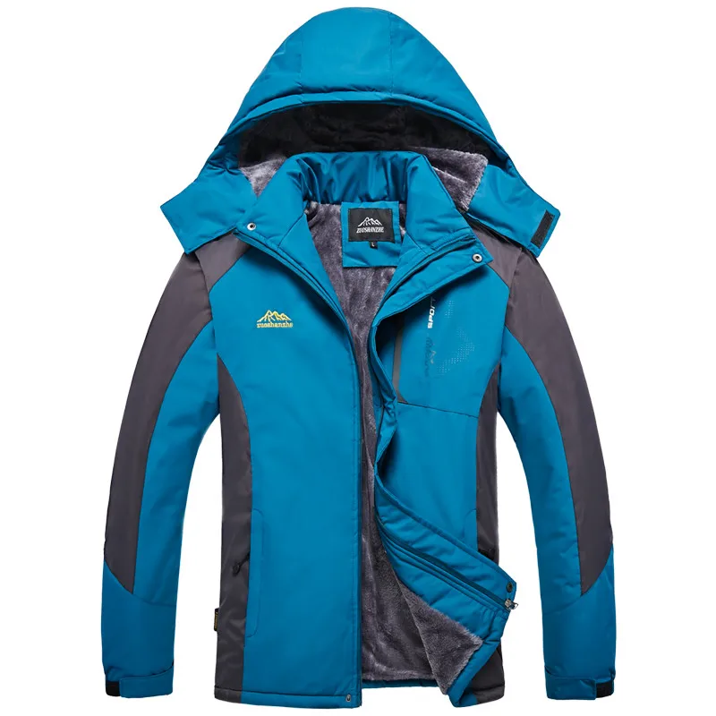 Мужская разноцветная теплая куртка большого размера, зимняя мужская куртка с капюшоном, бархатная теплая куртка - Цвет: Denim Blue