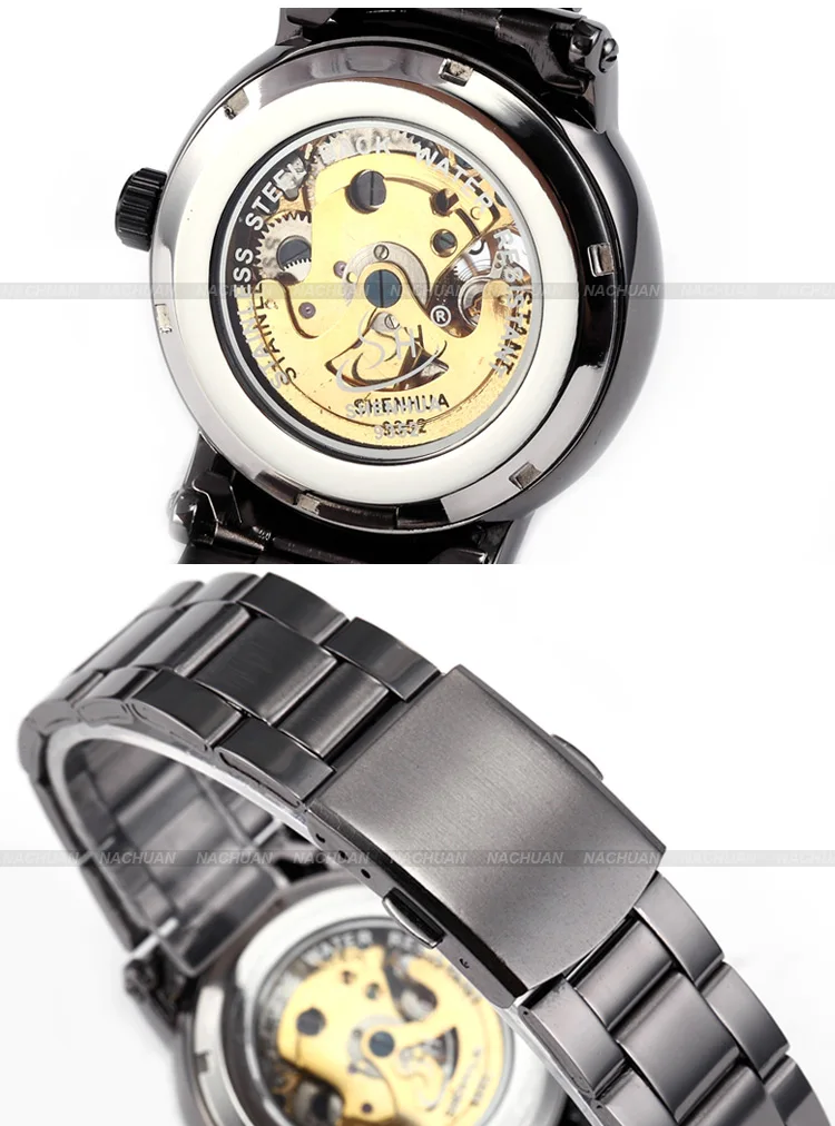 feminino esqueleto dial gunmetal tom banda de aço horloges vrouwen