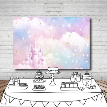 

MEHOFOTO Photography Backdrop Castle Clouds Stars Glitter Rabow Baby Background Photo Shoot Photocall Photobooth Fabric Decor