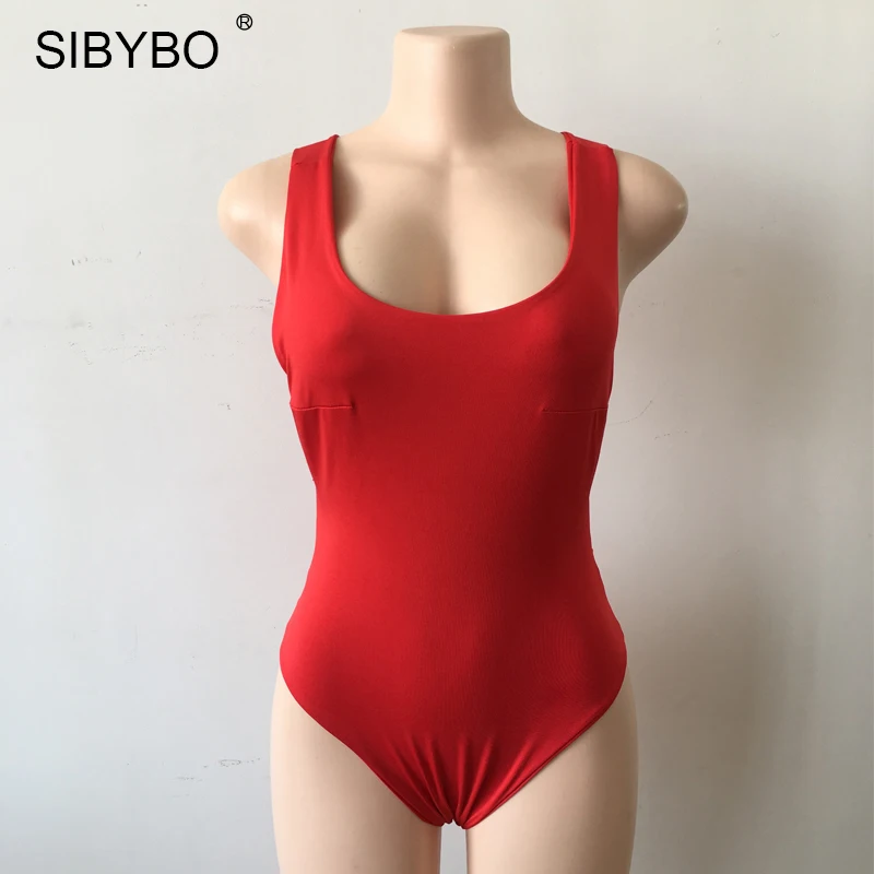 Sibybo 2019 Sexy Chic Backless Bodysuit Women Black / White Deep V Neck Summer Bodycon Bodysuit Rompers Womens Jumpsuit