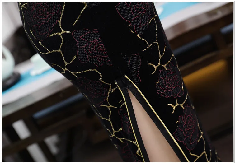 SHENG COCO китайский черный бархат Cheongsam платья улучшение длинный Шанхай женщина банкет вечернее платье Золотая нить Qipao XL 4XL