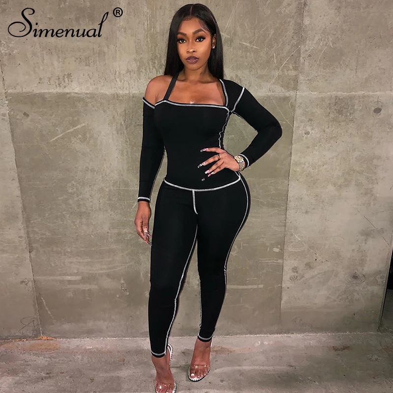 

Simenual Fitness Sporty Active Wear Matching Sets Women Casual Workout Two Piece Outfits Long Sleeve Top And Leggings Sets Black