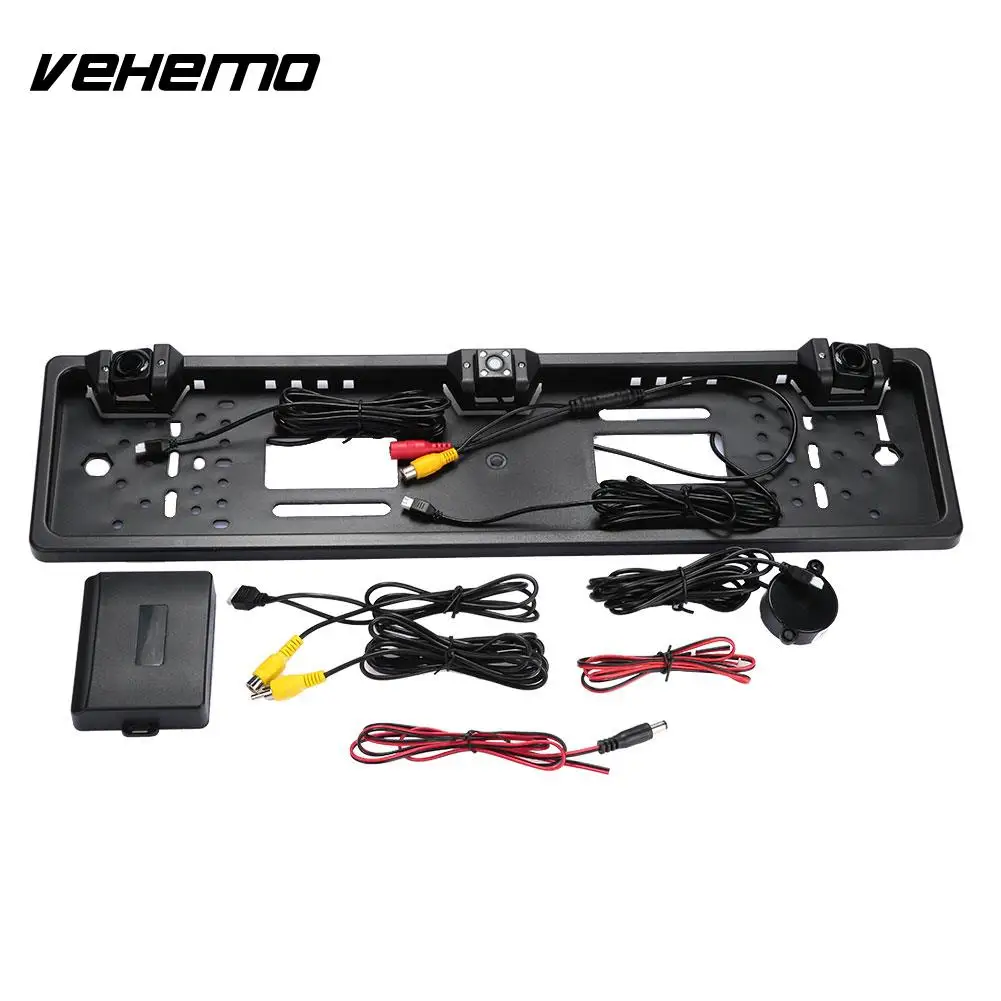 

Vehemo License Plate Camera EU IR CMOS 170 Degrees 4LED Reverse Radar Detector IP68 Reference Line Function Auto Parking Kit