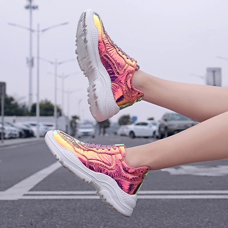 

GOODRSSON Femal Casual Shoes Bright Face Wrinkled Thick Bottom Hong Kong Style New Casual Ladies Shoes Breathable Jogging Shoes