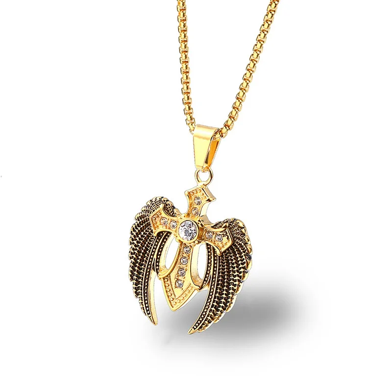 New Men Angel Wings Pendant Necklaces Rhinestone Design Stainless Steel