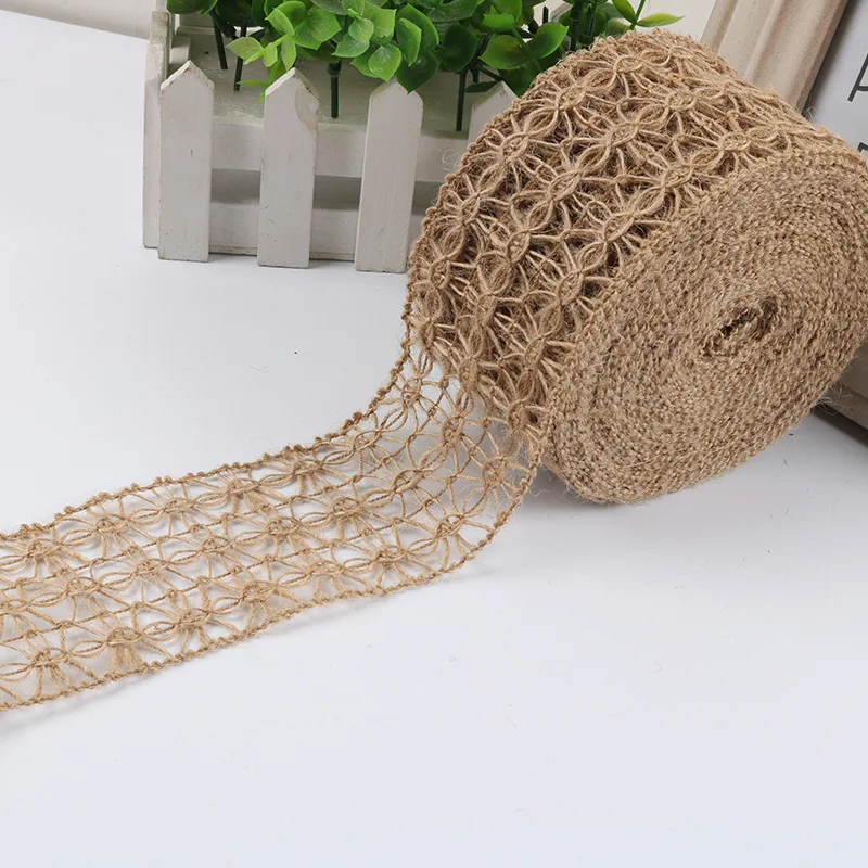 2m/Roll Wide 7cm Hollow Design Natural Hessian Jute Twine Burlap Ribbon Christmas Home DIY Decoration Rustic Wedding Decor