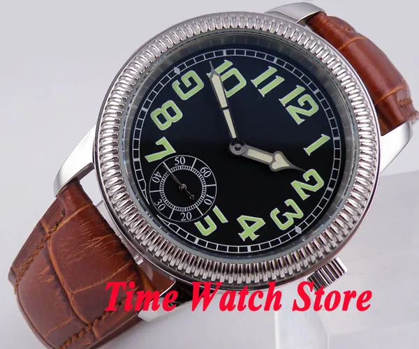 

Parnis 44mm black dial green marks brown leather strap 6498 mechanical hand winding movement Men's watch 152