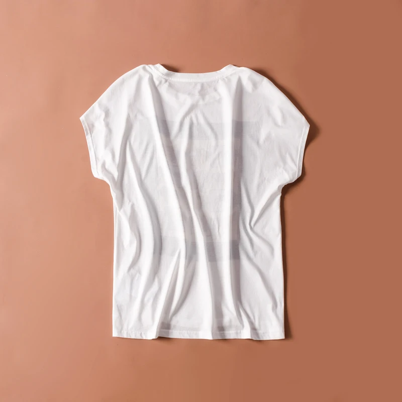 Женская футболка натуральная шелковая Передняя футболка с коротким рукавом летучая мышь Повседневная футболка с круглым вырезом Весна Лето Топ темно-синий белый