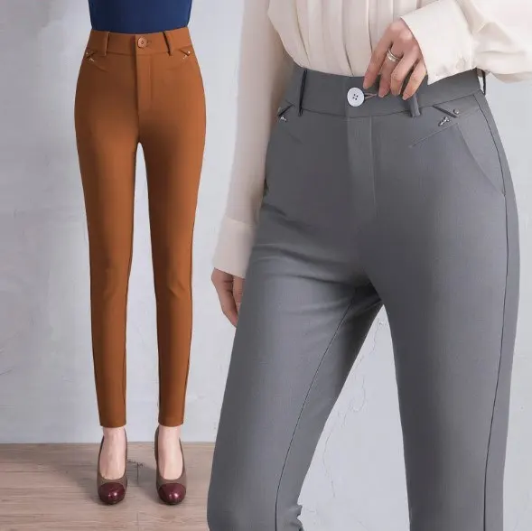 OL Style High Stretch Pants for Women High Waist Pencil Pants Work Wear Long Trousers Black 