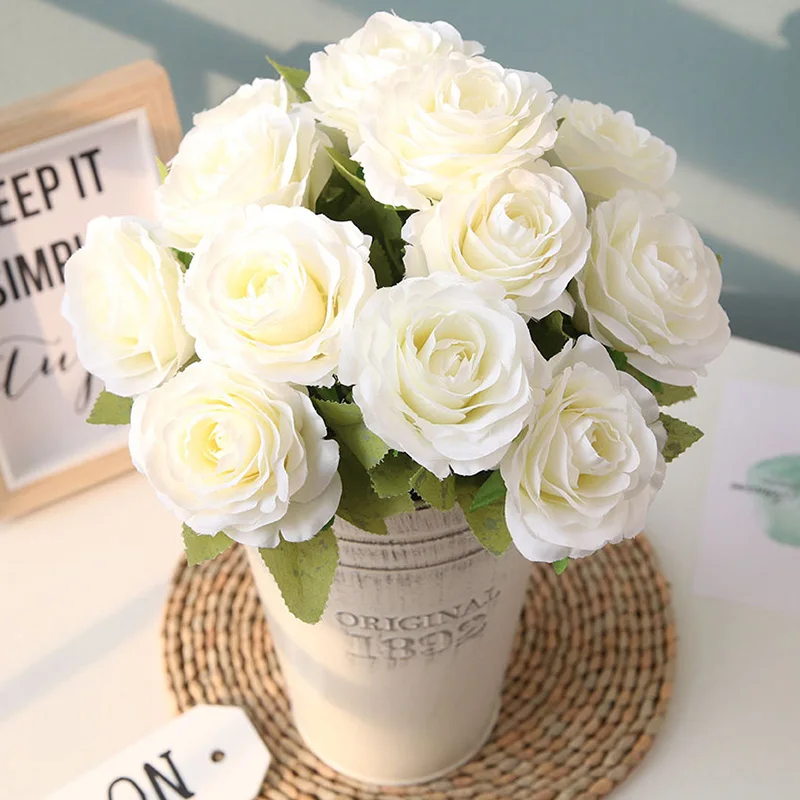 Flone Artificial Silk Rose Flower Bouquet Fake Flowers 12 Head Small Fresh Wedding Rose Decoration Home Decoration Accessories (21)