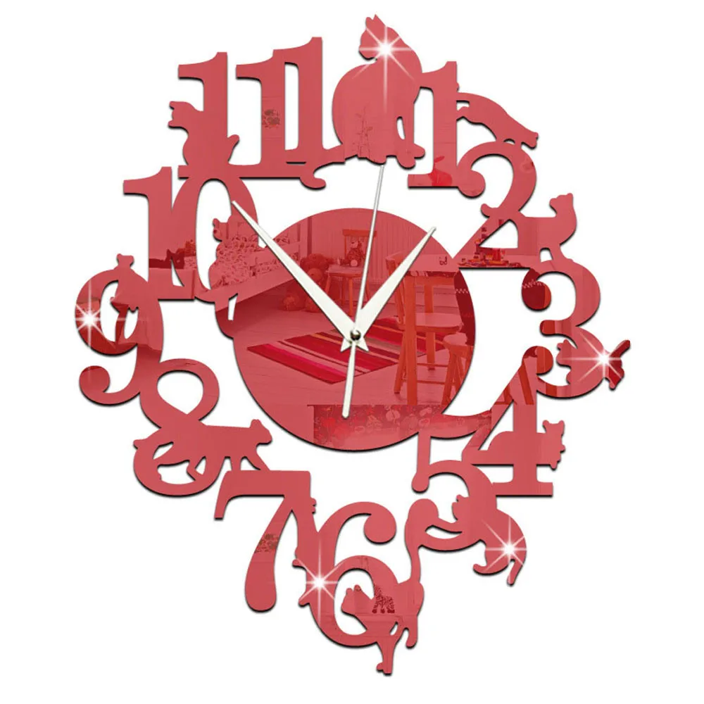Red wall mirror stickers Unique Cat Modern Design Clock stickers muraux