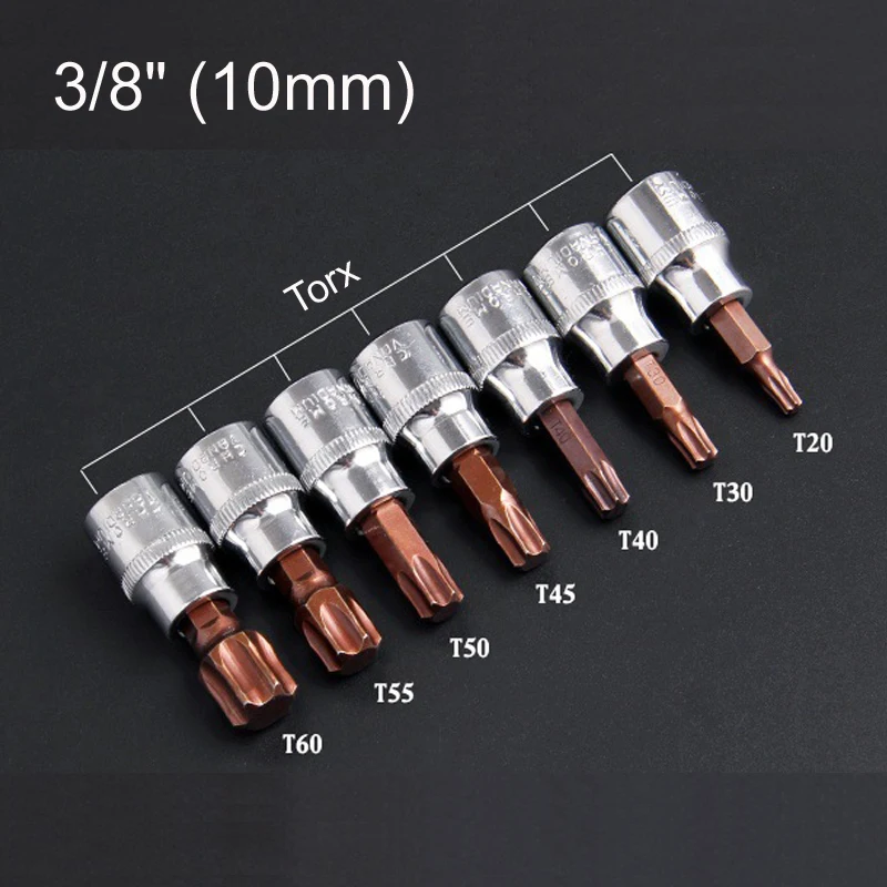 

7pcs/set 3/8 inch Torx Screwdriver Bit Set Drive Socket Head Screwdriver CR-V Material Hand Tool Set T20 T30 T40 T45 T50 T55 T60