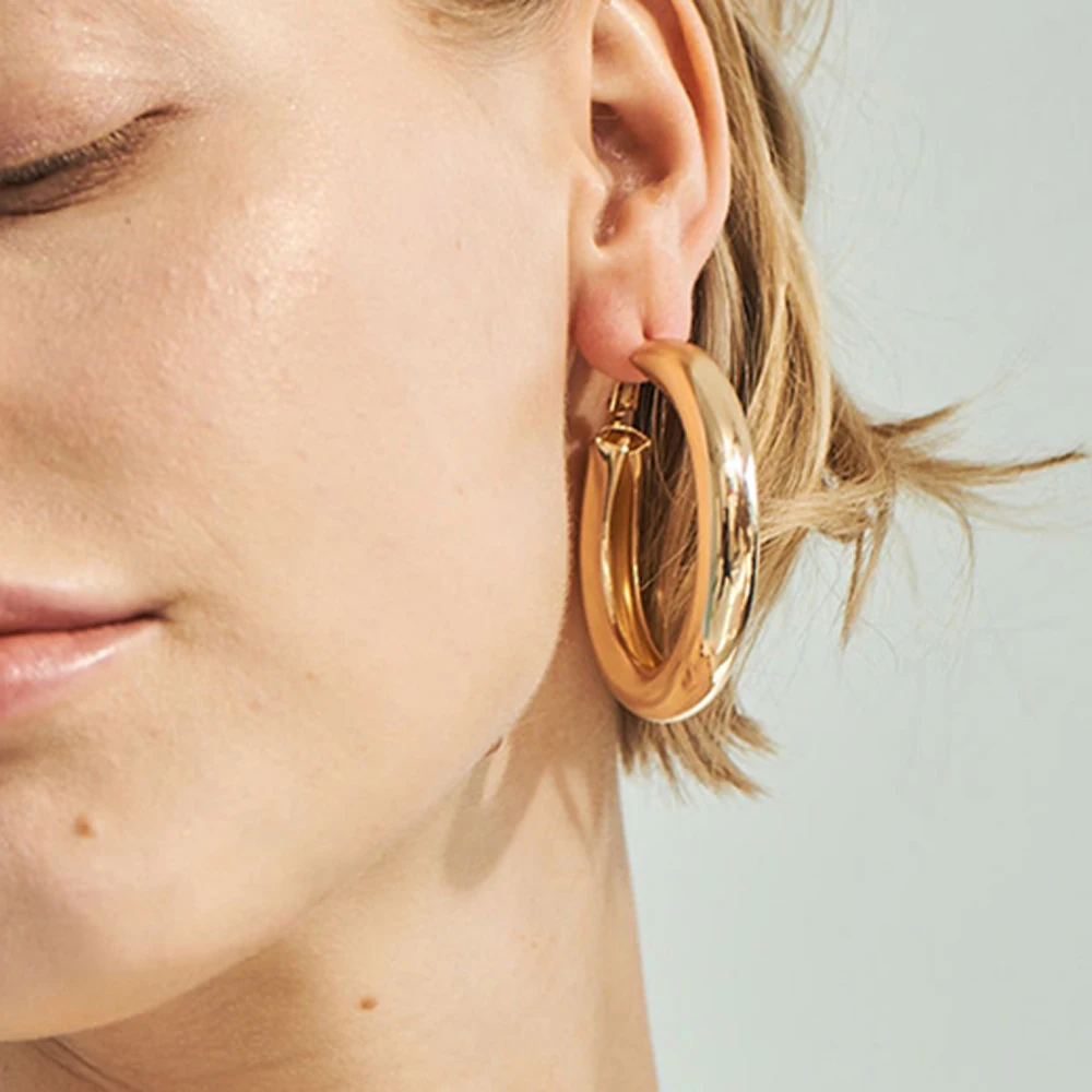 

Glossy Gold color circle indian earrings 100% copper Big Round tube Hoop Earrings gift for women S925 ear needle jewelry 2019