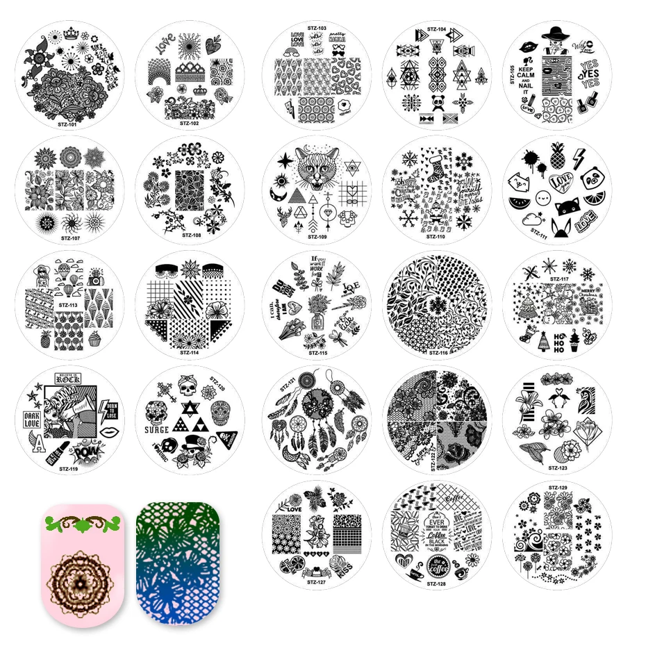 Полная красота новые пластины для штамповки ногтей из нержавеющей стали 28 дизайнов трафареты для переноса лака шаблоны для дизайна ногтей инструмент STZ101-130