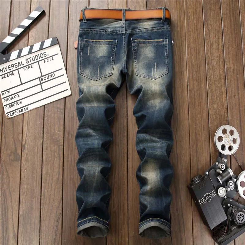 Mcikkny Men's Ripped Patchwork Jeans Slim Fit Straight Tiger Embroidered Denim Jeans Trousers Male Distressed Pants 