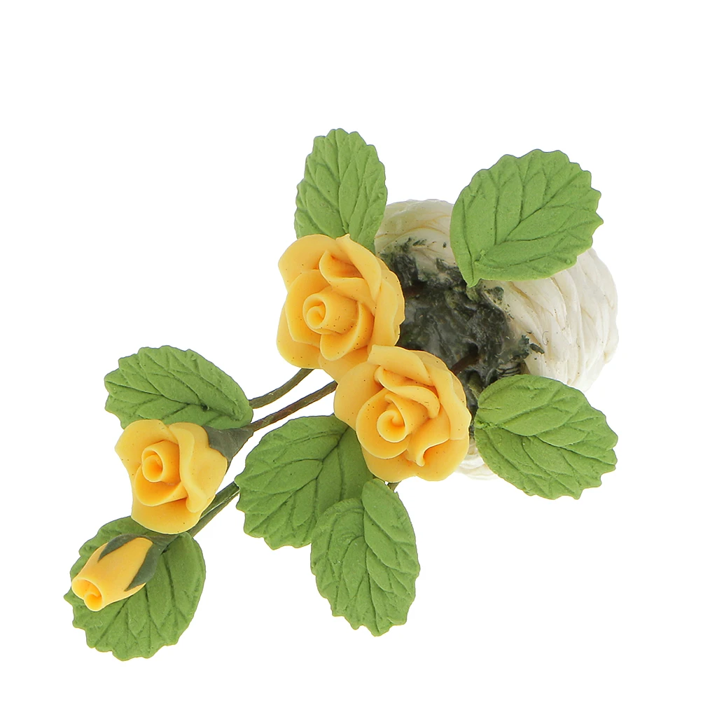 1:12 Dollhouse Miniature Yellow Clay Flowers in White Rattan Pot Planter Garden Doll House Livingroom Flowers Decoration