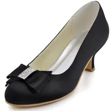 Schuhe Frau Kostenloser Versand EP2104 Schwarz Runde Kappe Rhinestoe Bow Spool Low Ferse Satin Abend Party Hochzeit Nach Schuhe