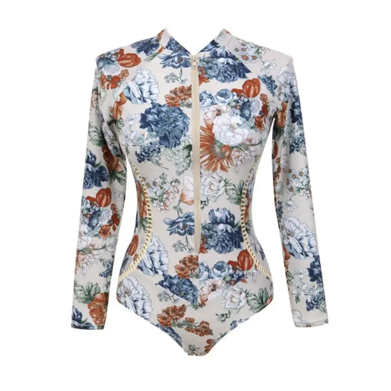 

2019 Swimwear women Sexy Floral Print Tight-Fitting biquini Long-Sleeved Zipper One-Piece Swimsuit Elastic Swimsuit