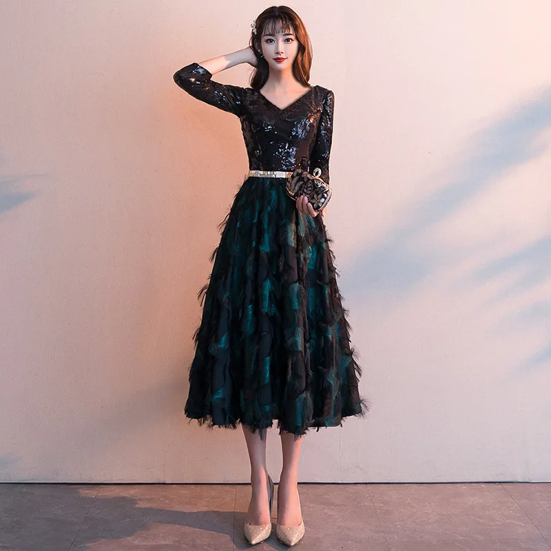 

Elegant Tea-Length Long Evening Dresses 3/4 sleeve New Sequine Formal prom party Dress Gown Special Occasion robe de soiree