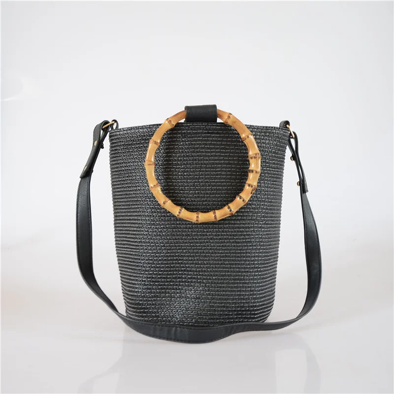 Bamboo Handle Straw Shouldbag Black Color Rattan Bucket Bagin Top