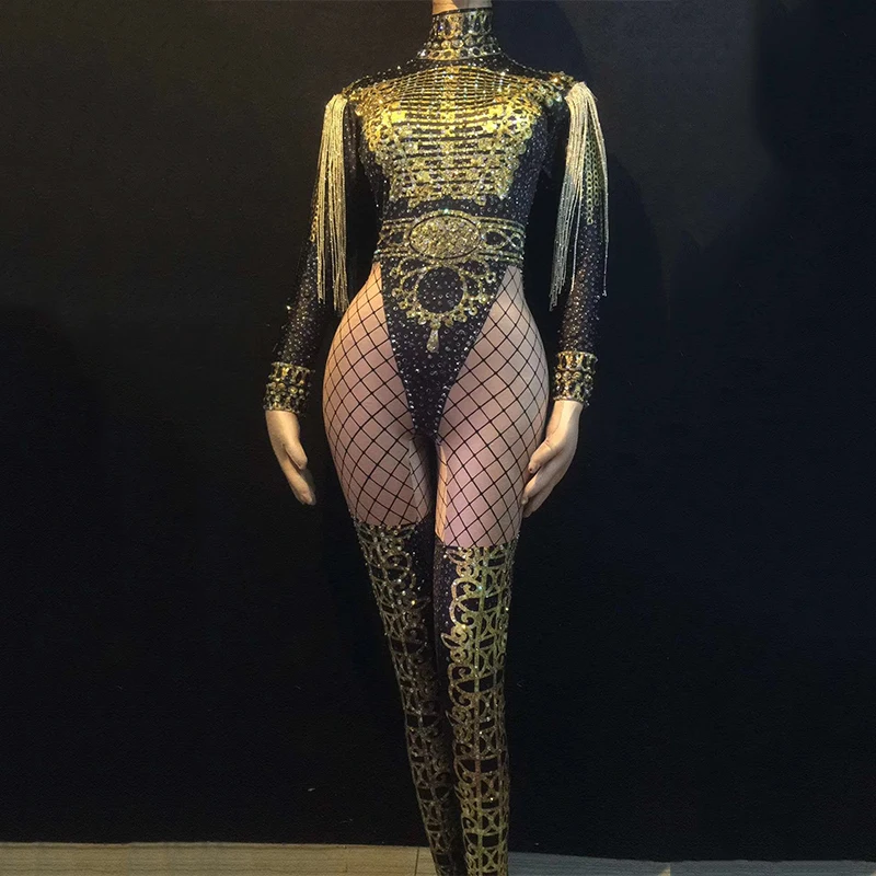 

Jazz Dance Costumes For Lady Gauze Sexy Rhinestone Women Bar Dj Dancers Nightclub Stage Singer Fringe leading Jumpsuit DJ1023