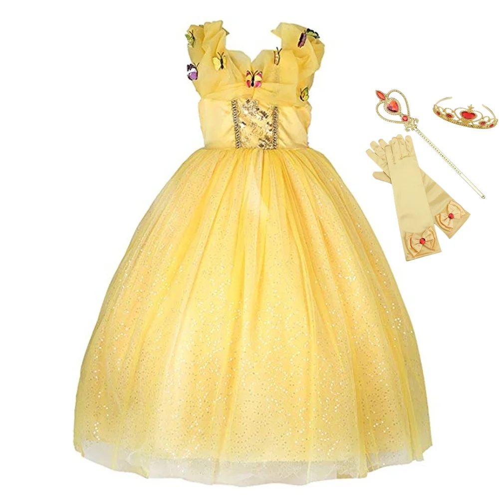 Girls Belle Dress up Princess Costume Yellow Party Ball Gown Cosplay Dresses