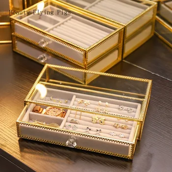 

Direct copper edge glass jewelry storage box transparent jewelry home decoration earrings ring necklace jewelry storage box