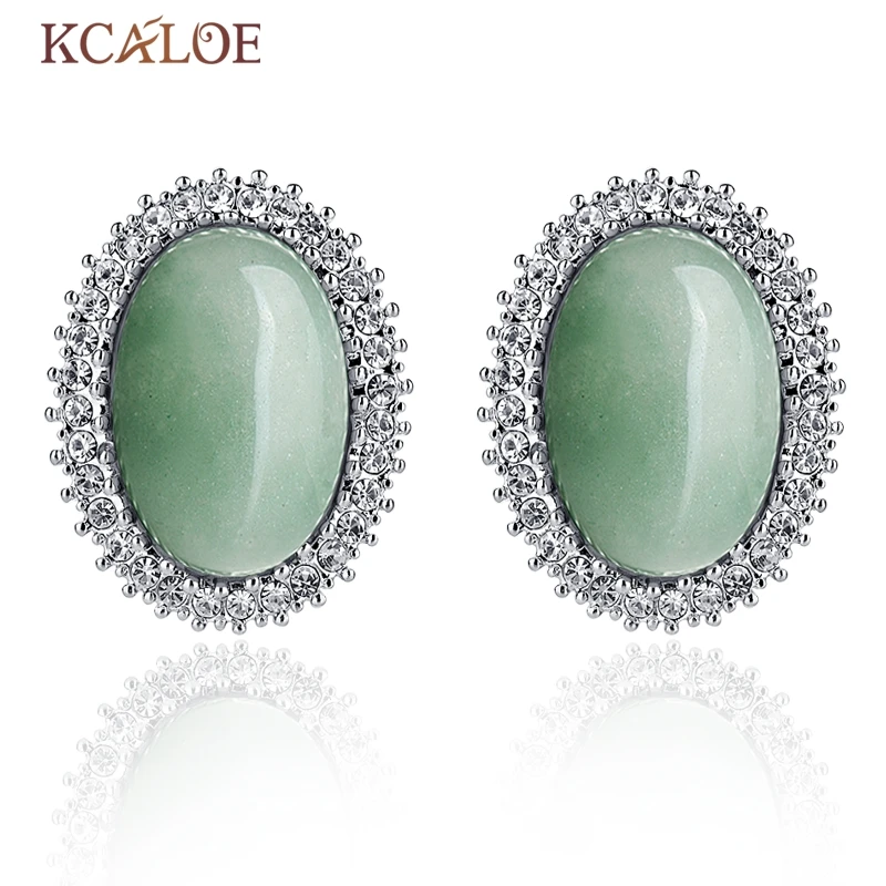 

KCALOE Green Stones Earrings Big Oval Natural Stone Silver Color Luxury Austrian Crystal Rhinestone Wedding Bride Stud Earrings