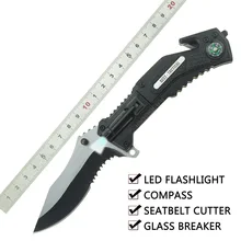 FULHAM OEM тактический нож со светодиодный светильник-вспышкой, компас, алюминиевая ручка, охотничий нож для выживания, помощь в спасении, складной нож С флиппером