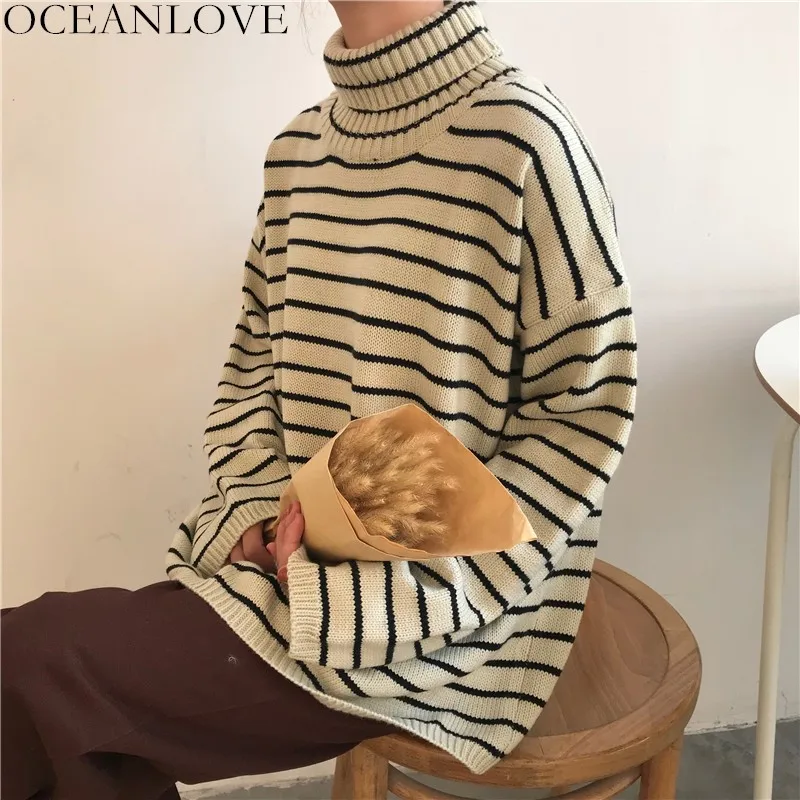 

OCEANLOVE Korean Striped Loose Long Women Sweater Turtleneck Fashion Sueter Mujer Pullovers Autumn Winter 2019 Sweaters 12475