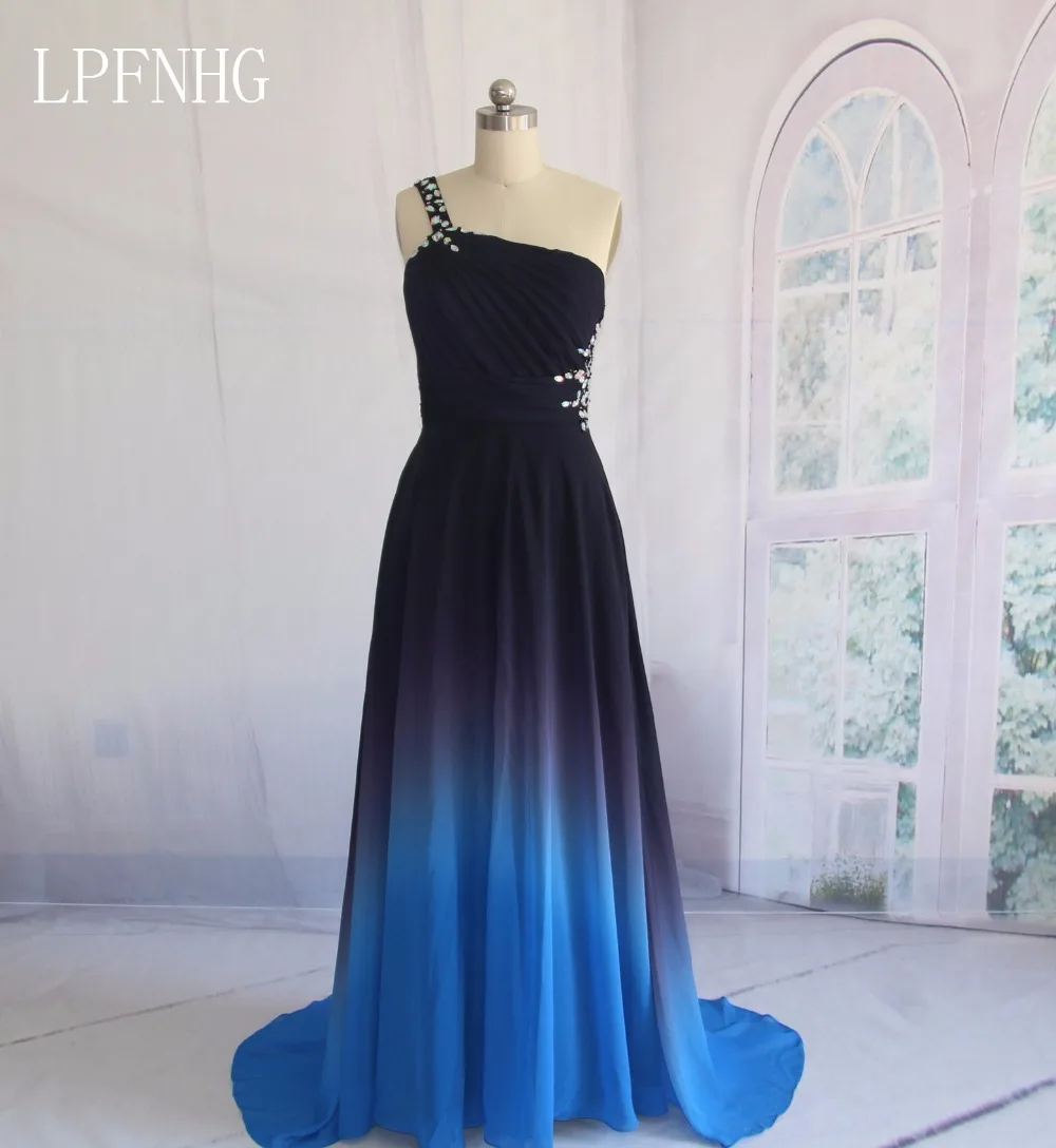 Vestidos De Festa אונליין שרוולים ללא משענת טאטאי רכבת לנשף שמלות 2018 כתף אחת Colorfur גבישי שיפון שמלת הערב