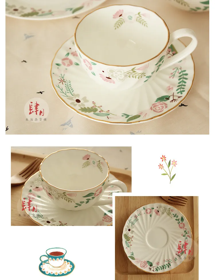 Европейская Цветочная Декоративная посуда костяного фарфора, чашка с блюдцем, керамическая кофейная чашка с рукояткой, cafternoon, чайная чашка с остеклением, 220 мл