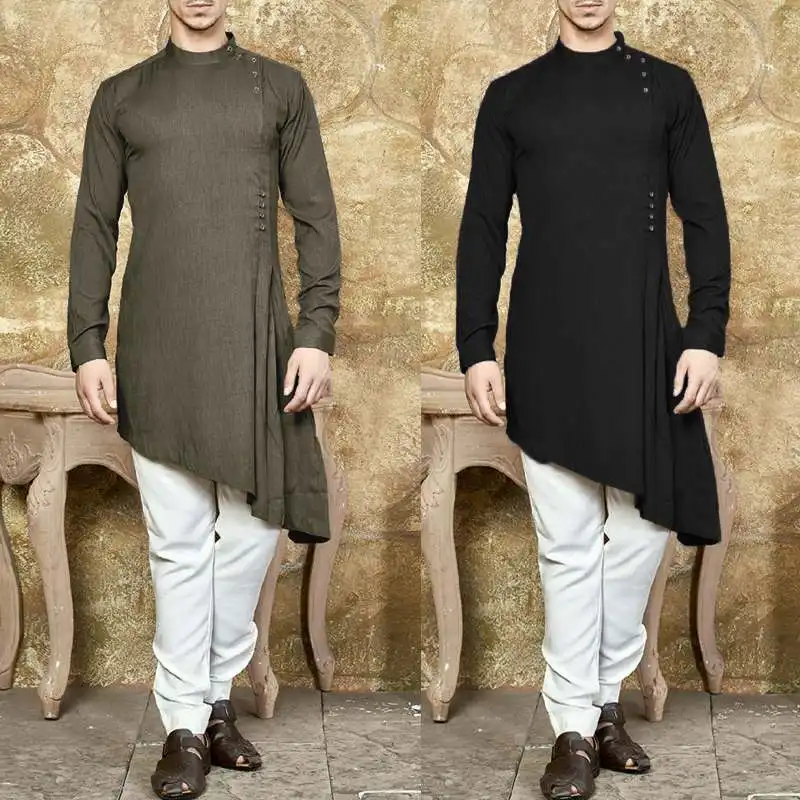 Chic Islamic Suit Dress Men Shirt Long Sleeve Muslim Asymmetric Hem Kaftan Aaudi Arabia Indian Men Tops Clothing Robe